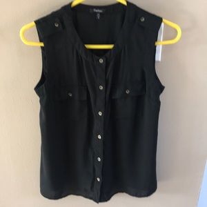 Black shear sleeveless blouse with gold buttons.